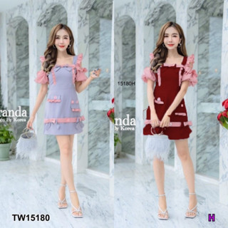 15180 Dress เดรสเปิดไหล่แขนพองอกติดโบว์ Off-the-shoulder dress with puff sleeves with bow