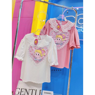 เสื้อคอบัวแขนตุ๊กตาลายหัวใจสาวน้อยผมทอง🎀ป้าย popup