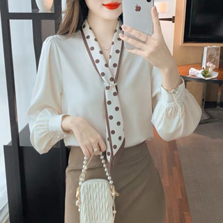 เสื้อแขนยาวผู้หญิง คอวีเนื้อผ้าเกาหลี ปลุกโบว์ข้างหน้า เสื้อเชิ้ตหรูหราระดับ คุนทำงาน อารมณ์ต่างประเทศฝรั่งเศส