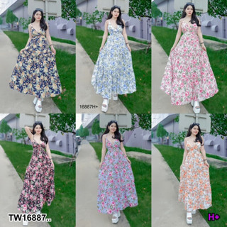 Maxi Dress เดรสสายเดี่ยว สายไขว้ด้านหลังและมีสายข้างเอว ผูกโบว์ด้านหลัง ใส่ยางเอว มีฟองน้ำ ผ้าไหมเกาหลี  AP16887