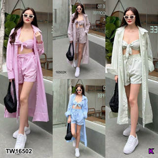 J16502 Set 3 ชิ้น เสื้อเชิ้ตยาว + ผ้าผูกอก + กางเกงขาสั้น Set 3 pieces: long shirt + chest tie + shorts