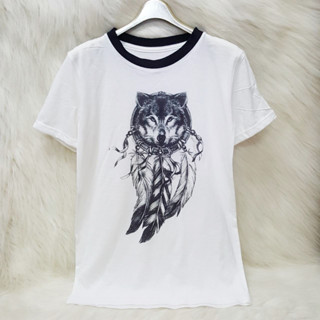 เสื้อแขนสั้น พิมพ์ลาย หมาป่า ผ้าTK สีขาว-คอดำ / มือหนึ่ง ไม่เคยใส่ค่ะ