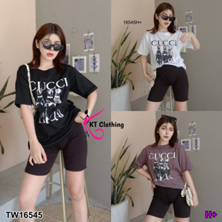 MF16545  Set 2 ชิ้น เสื้อยืดทรง Oversize สกรีน มาพร้อมเลคกิ้งขาสั้น เสื้อผ้ายืดนิ่ม ใส่สบาย ส่วนเลคกิ้งก้อผ้ายืด นิ่มเด้