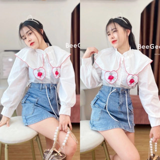 🍒mayylody🍒 เสื้อลูกไม้ แขนยาวคอปก ปักหัวใจเกร๋ๆมุมปก ❤️❤️❤️ เสื้อสีขาว เสื้อน่ารัก