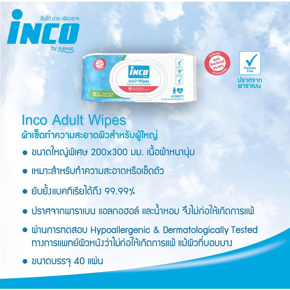 แพ็คคู่ (40+40 แผ่น) Inco Adult Wipes ผ้าเช็คทำความสะอาดผิวสำหรับผู้ใหญ่