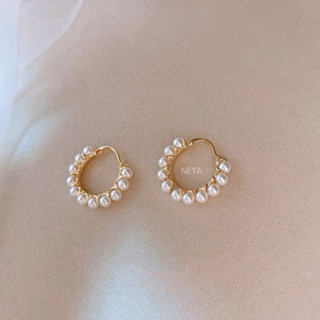 ต่างหูห่วงทอง เกาหลี ประดับมุข Pearl hoop earrings