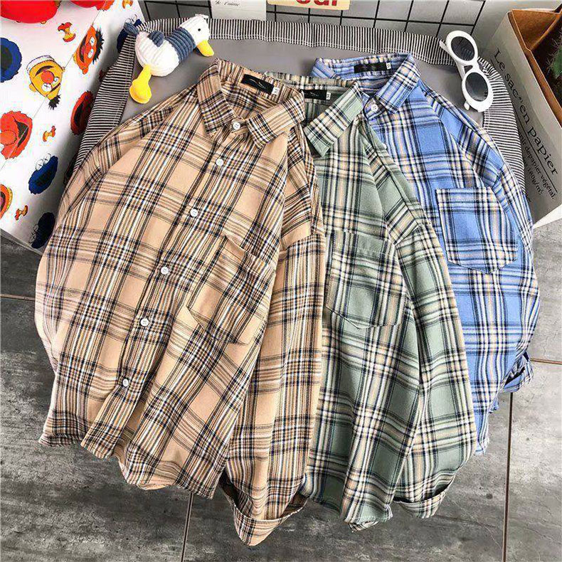 มี 3 สี🌺CTA1868🌺เสื้อเชิ้ตลายสก๊อตแขนยาวคอปกผู้ชาย oversize เสื้อย้อนยุคสไตล์ฮ่องกงแฟชั่น เรียบๆแต่ส
