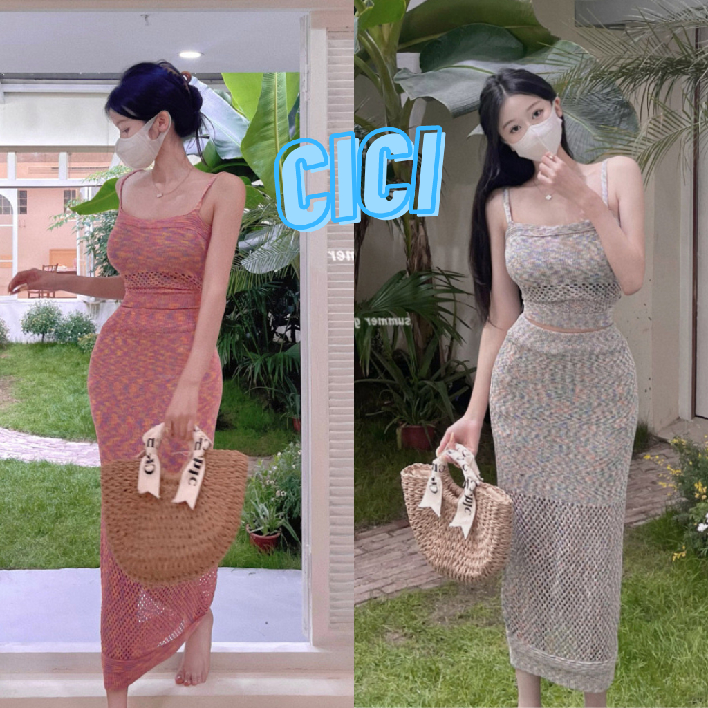 ส่งทันที Cici(NO. T2206)ชุด Set 2 ชิ้น สายเดี่ยว+กระโปรงผ้าไหมพรม สีพาสเทลสดใส ตัวกระโปรงเป็นสม็อค ใส่สบาย