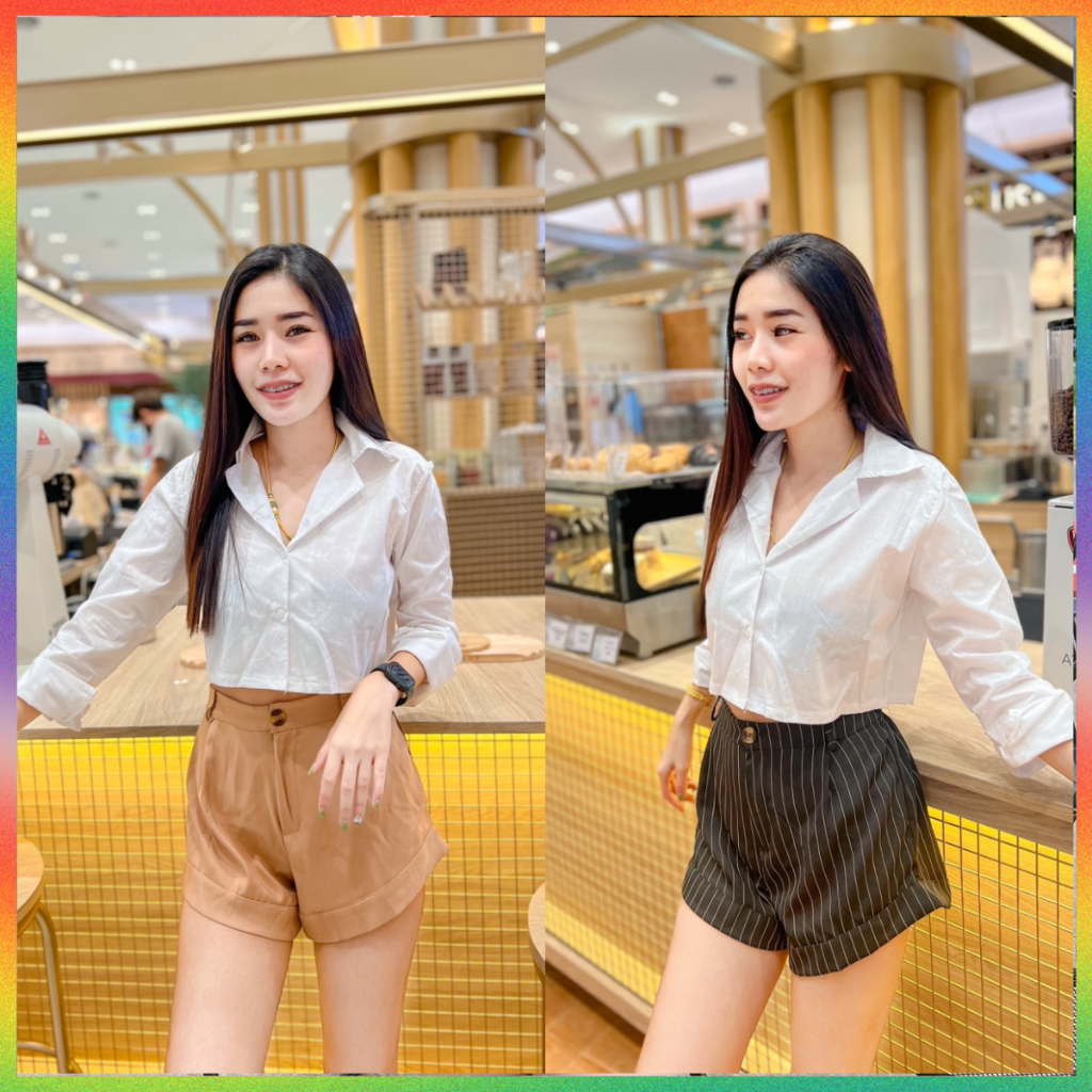 SpinnyHouse เสื้อเชิ้ตแขนยาว เสื้อเชิ้ต ผ้าคอมป์ ใส่กับเอวสูงมันมั้นมากค่ะแม่ สินค้าตรงปกแน่นนอนค่ะ รุ่น ครอปเชิ้ต