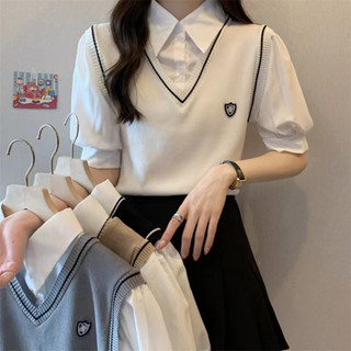 JinGirl พร้อมส่ง🌟 เสื้อไหมพรม 2ชั้น เชิตด้านในกั๊กไหมพรม ติดกันเกาหลีมาก