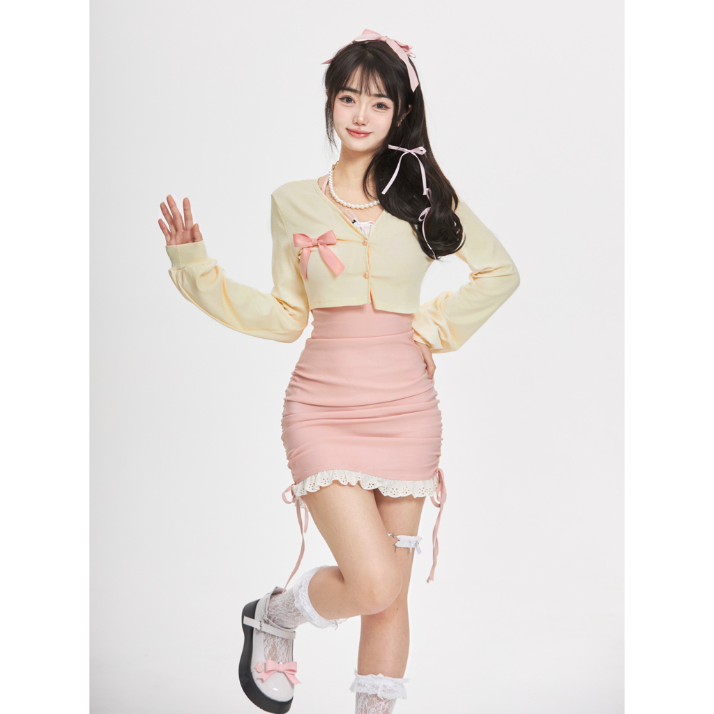 Fairy🍒ชุดเซ็ทเสื้อสายเดี่ยว กระโ กระโปรงฮิป เสื้อคาร์ดิแกน 2 ชิ้น สไตล์หวานใสน่ารัก - รูปที่ 6