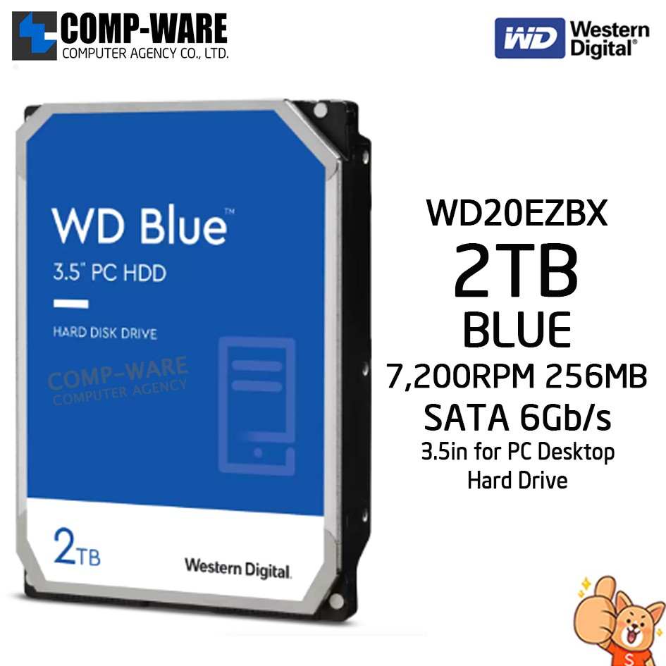 WD Blue 2TB Desktop Hard Disk Drive SATA 6 Gb/s 7200RPM 256MB Cache 3.5Inch - WD20EZBX - 3Y Warranty