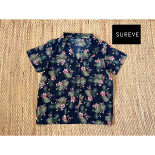 Sureve x  Cotton Shirt แขนสั้นลายสวย พื้นสีกรม • อก 40 ยาว 23 • ตำหนิ : -