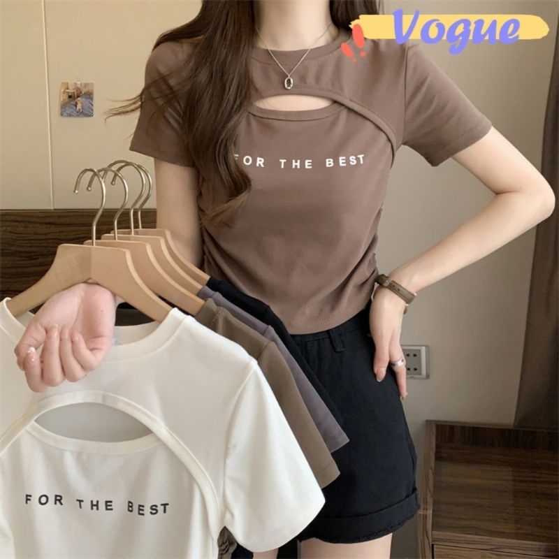 Vogue พร้อมส่ง เสื้อไหมพรมแขนสั้น คอกลม ดีเทลเว้าหน้าอกเล็กๆ (79002) -C
