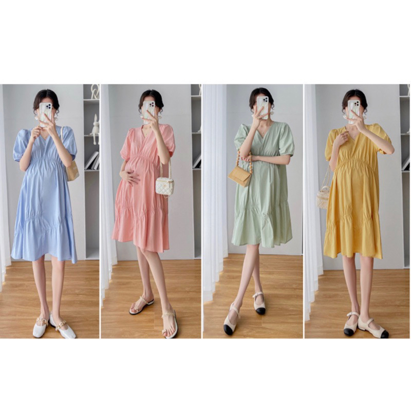 พร้อมส่ง ชุดคลุมท้องผ้าฝ้ายคอวีใส่ถึงคลอด