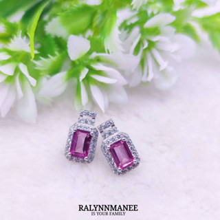 AE006 ต่างหูพลอยพิงค์โทพาซ ( Pink topaz ) แบบก้านเสียบ ตัวเรือนเงินแท้ 925 ชุบทองคำขาว