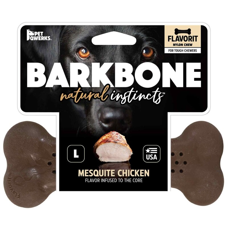 PetQwerks Flavorit BarkBone กระดูกขัดฟันไร้สารพิษ ยางกัดสุนัข ทรงโค้ง จับแทะง่าย เจาะรูป้ายขนม กลิ่นหอม รสไก่