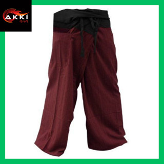 AKKI กางเกงโยคะ ขายาว กางเกงชาวเล ขาก๊วย ทรงตรง มีเชือกกระเป๋า ดำแดง Fisherman Pants Unisex Wrap Yoga Spa Trousers