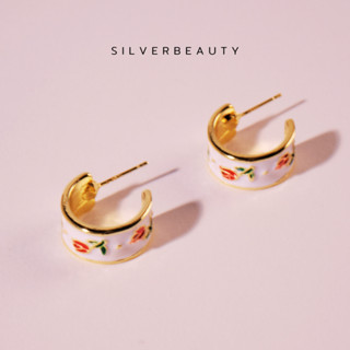 โค้ด SILV45 ลด45.- Silver beautyต่างหูลายดอกกุหลาบพื้นขาวE06404