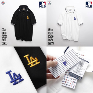 เสื้อแขนสั้นคอปกสีขาวดำ งานป้าย MLB ปัก LA 🇰🇷