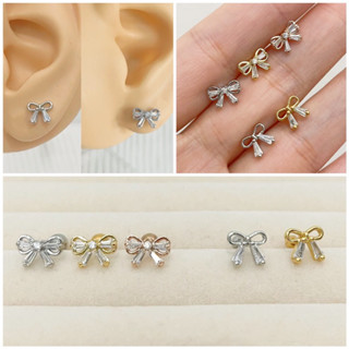 🇹🇭ร้านไทย🇹🇭NT 🌈 ( 1 อัน )ต่างหู (รูป โบว์ เพทาย )  จิวปีกหู จิวเพชร Minimal Earrings Stainless316L