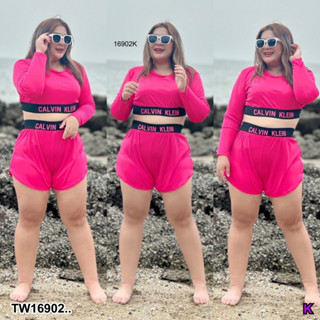 TwinsShopVip💗พร้อมส่ง TW16902 เซท #Bigsize 2 ชิ้น ชุดว่ายน้ำแขนยาวคอกลม + กางเกงขาสั้นเว้าข้าง ..