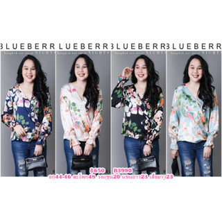 (อก46) B3990 BLUEBERRY NIGHTS เสื้อเชิ้ตคอวีแขนยาวด้านหน้าไขว้ ผ้าโพลีเอสเตอร์ผสมเนื้อนุ่ม พิมพ์ลายทั้งตัว