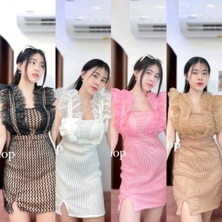 Minidress ลูกไม้ งานนำเข้า สุดหรู แขนแต่งระบาย อกเสริมฟองน้ำ กระโปรงแหวกข้าง น่ารักมากกก