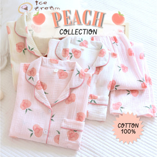 🍑 พร้อมส่ง! 🍑 ชุดนอนเกาหลี ผ้า Cotton100% แขนยาว-ขายาว ลาย Peach ใส่สบาย เบา นุ่ม Free-size
