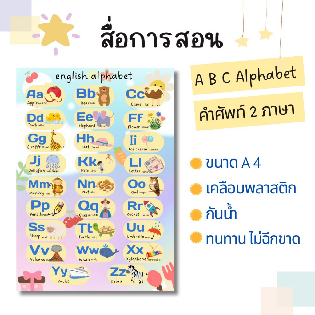 แผ่นเรียนรู้เคลือบพลาสติก ABC  Alphabet ขนาด A4 ใช้ประกอบการเรียนรู้ สื่อการเรียนการสอน เหมาะกับเด็กๆ ทนทาน ไม่ฉีกขาด