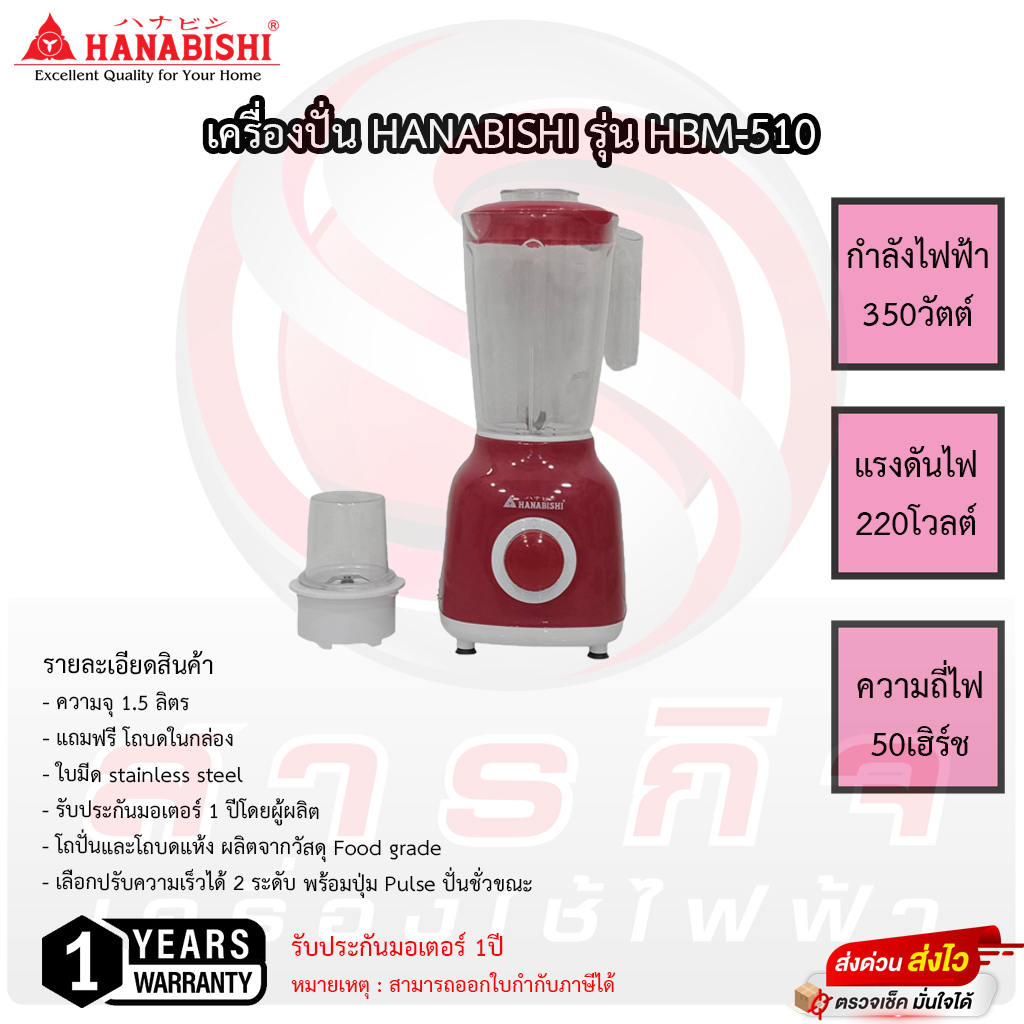 เครื่องปั่น Hanabishi 1.5 ลิตร 350 วัตต์ รุ่น HBM-510 รับประกัน 1ปี