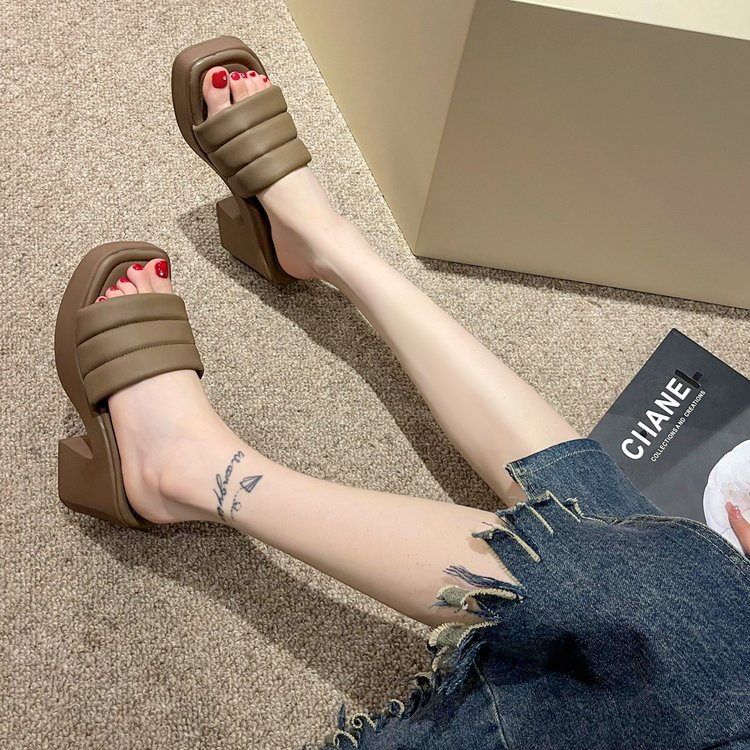 JINxCHOY SHOES ฤดูร้อนสีทึบส้นสูงรองเท้าที่เรียบง่ายร้อยสำนักงานเดินทางช้อปปิ้งผู้หญิงรองเท้า