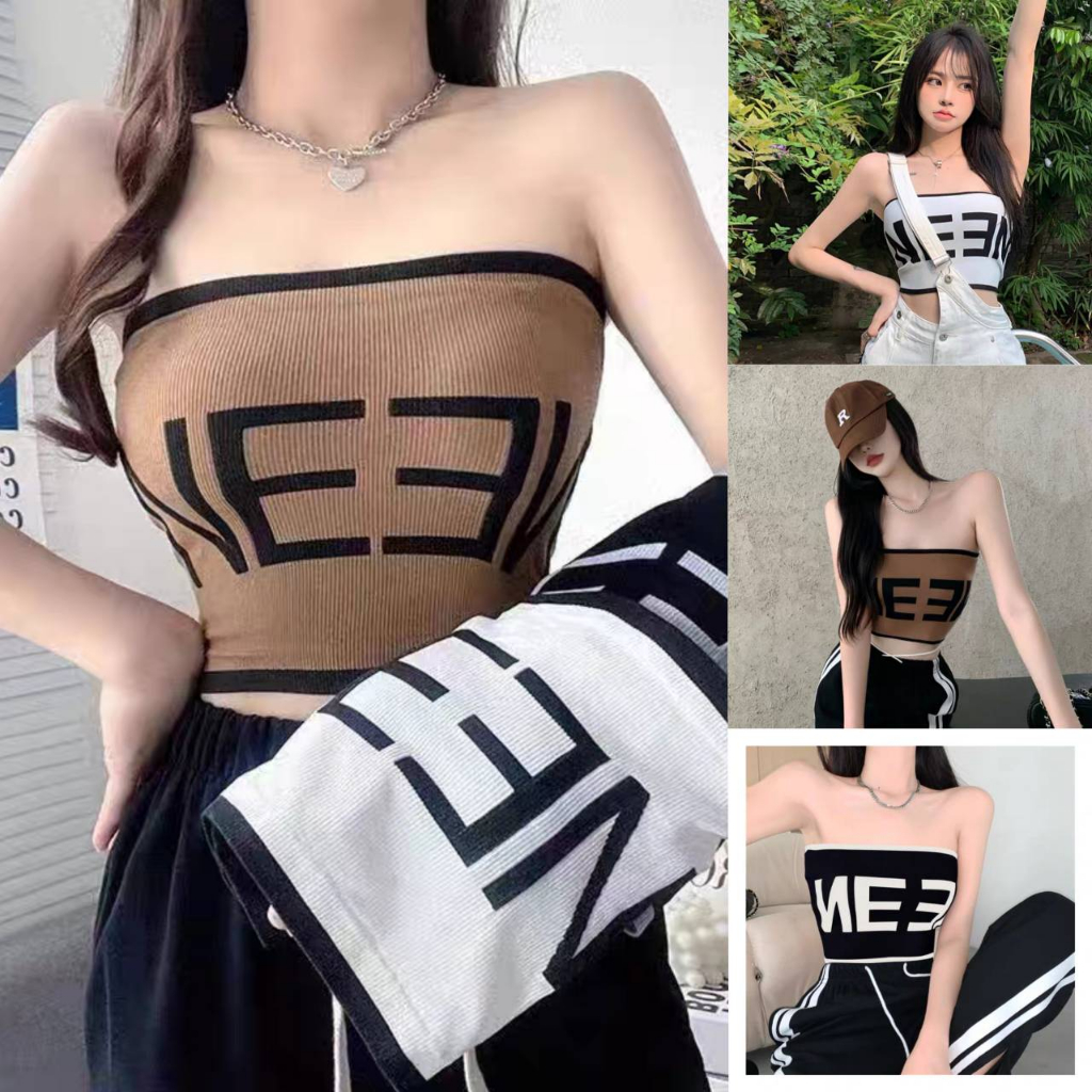 MKL เสื้อเกาะอกไหมพรม ลายNEEN เก๋ๆ มีฟองน้ำในตัว ผ้ายืด สุดเซ็กซี่ รัดรูป #544