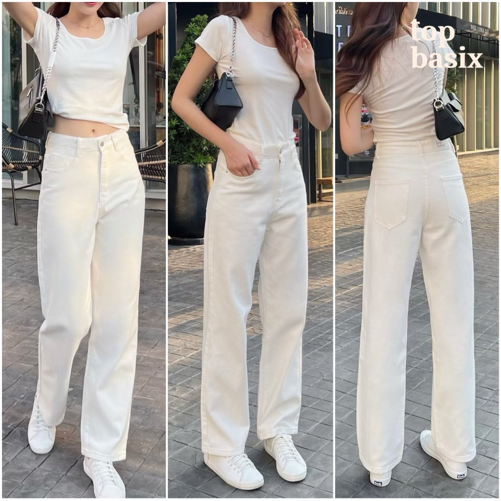 TOPBASIX - BoyDenim กางเกงยีนส์สีขาว ขายาว เอวสูง ทรงบอย