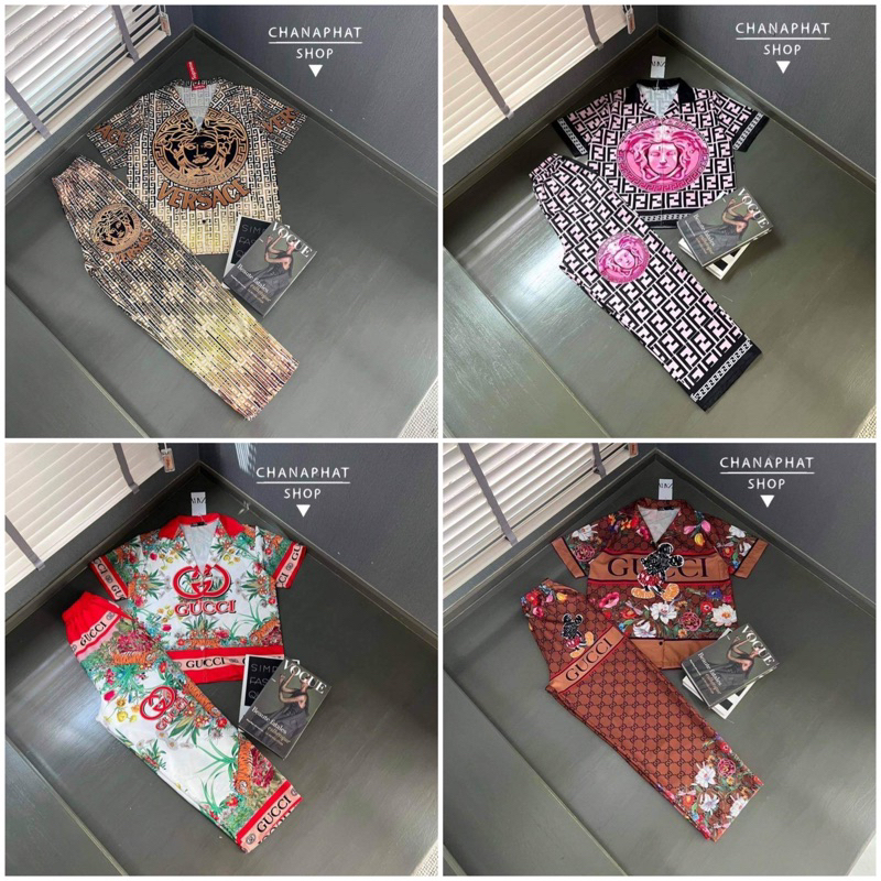 New (พร้อมส่ง)เสื้อเชิ้ตคอปกแขนสั้นกระดุมหน้า+กางเกงขายาวทรงกระบอกมีกระเป๋า2 ข้าง(งานผ้าไหมอิตาลี)