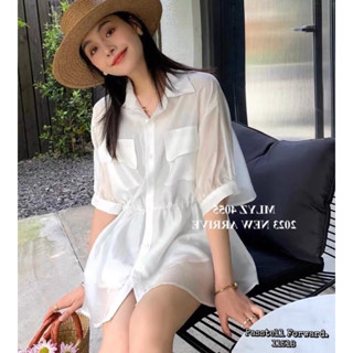 🇰🇷NEW🇰🇷 Korea summer shortsleeved shirtเสื้อเชิ้ตผ้าซีทรูนิ่มมันลื่นอย่างดี ดีเทลเอวรูดปรับสมอคได้จากด้านใน ใส่สบายๆ