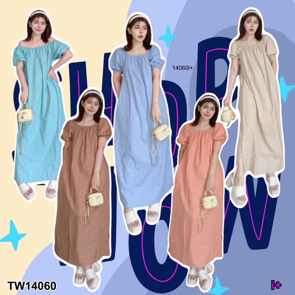 TwinsShopVip พร้อมส่ง TW14060 เดรสยาวเปิดไหล่แขนตุ๊กตา sale