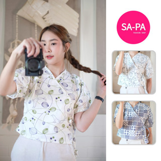 SA-PA FASHION เสื้อผ้าฝ้ายป้ายข้างคอวี พิมพ์ลาย อก34 38 นิ้ว