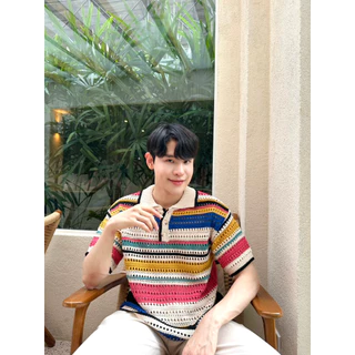 เสื้อคอปก แขนสั้น ลายริ้วฉลุรุ้ง สไตล์เกาหลี C43