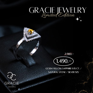 แหวนพลอยแท้ Gracie Jewelry ตัวเรือนเงินแท้ชุบทองคำขาว พลอย Yellow sapphire 0.15 ct. / เพทายแท้