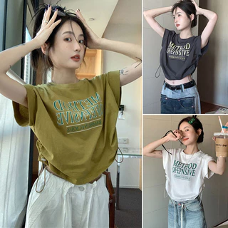 KSAพร้อมส่ง เสื้อครอปสาวอวบน่ารักๆ ท็อป oversize T-shirt เสื้อผ้าผู้หญิงสไตล์เกาหลี เสื้อยืดเอวลอยแขนสั้นแฟชั่น สกรีนลาย