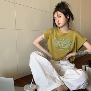 KSAพร้อมส่ง เสื้อครอปสาวอวบน่ารักๆ ท็อป oversize T-shirt เสื้อผ้าผู้หญิงสไตล์เกาหลี เสื้อยืดเอวลอยแขนสั้นแฟชั่น สกรีนลาย