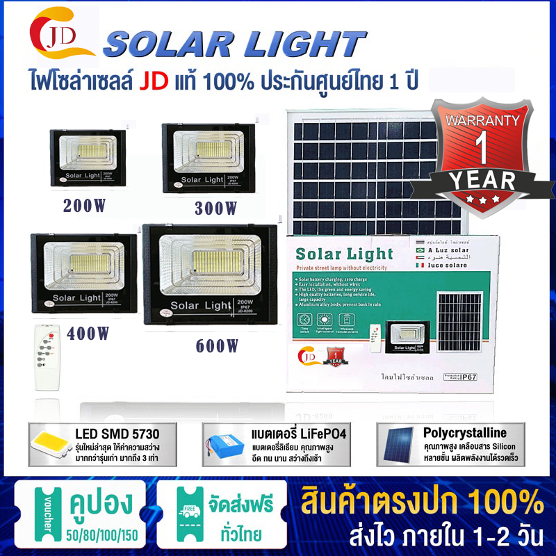 JD ไฟสปอตไลท์ 200W 300W 400W 1000W แสงสีขาว กันน้ำ IP67 ไฟ JD Solar Light LED ใช้พลังงานแสงอาทิตย์ ไฟโซล่าเซลบ้าน