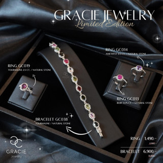 สร้อยข้อมือพลอยแท้ Gracie Jewelry ตัวเรือนเงินแท้ชุบทองคำขาว พลอยทัวร์มาลีน (Tourmaline) / เพทายแท้ (Natural Stone)