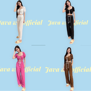 🔥Java wa shop🔥ผ้ายืดเปลือกไม้ เสื้อ สม๊อกหลังอกเสริมฟองน้ำ  แขนตุ๊กตา  +กางเกงขายาว เอวยืดรอบตัว