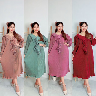 Maxidress Fashion pleat New collection แฟชั่นชุดอัดพลีทแขนยาวระบายคอสีพื้นขับผิว ใส่คลุมท้องออกงานได้ เดรสสาวอวบ