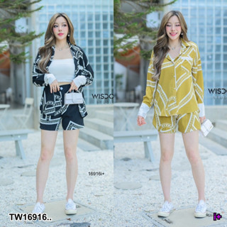 TW16916 Set 2ชิ้น เสื้อคอปกเชิ้ตกระดุมหน้ารักมากปลายแขนแต่ง