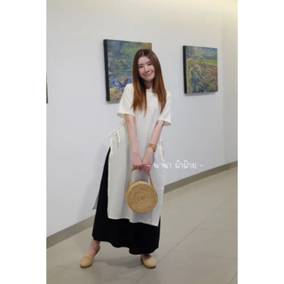 Nana’s Craft เดรสพลัสไซส์แขนสั้น ผูกเชือกด้านข้าง ผ้าฝ้ายเกาหลี ทรงมินิมอล (1 ชิ้น ตัวด้านนอก)