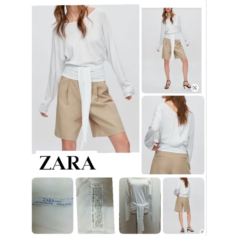 Z4🤍Z A R A BASIC (made in Bangladesh) เสื้อยืดผูกโบว์แขนยาว 🤍size M,Mex28