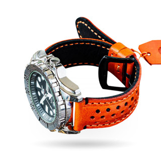 สายนาฬิกา สายหนังแท้ แฮนด์เมด HARAL-2COLORS (นาฬิกาไม่รวมในรายการขาย)Orange/black Handmade leather watch cuff
